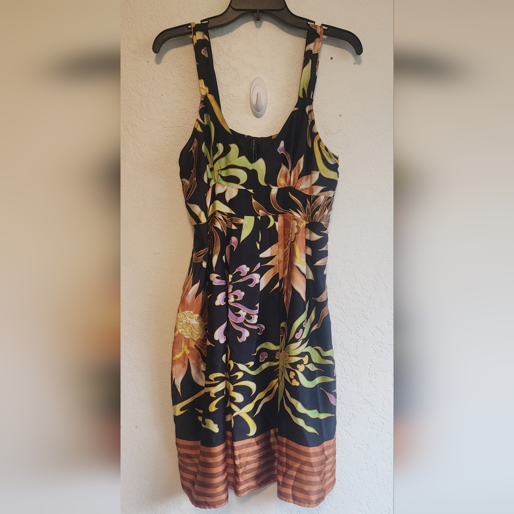 Black Midi Dress with Green and Gold Botanical Print